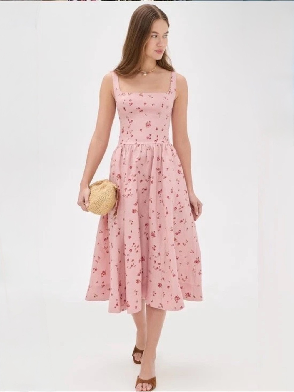 Reformation Janu Midi Linen Dress Noelia Pink Floral Pink Floral Square-Neck 4